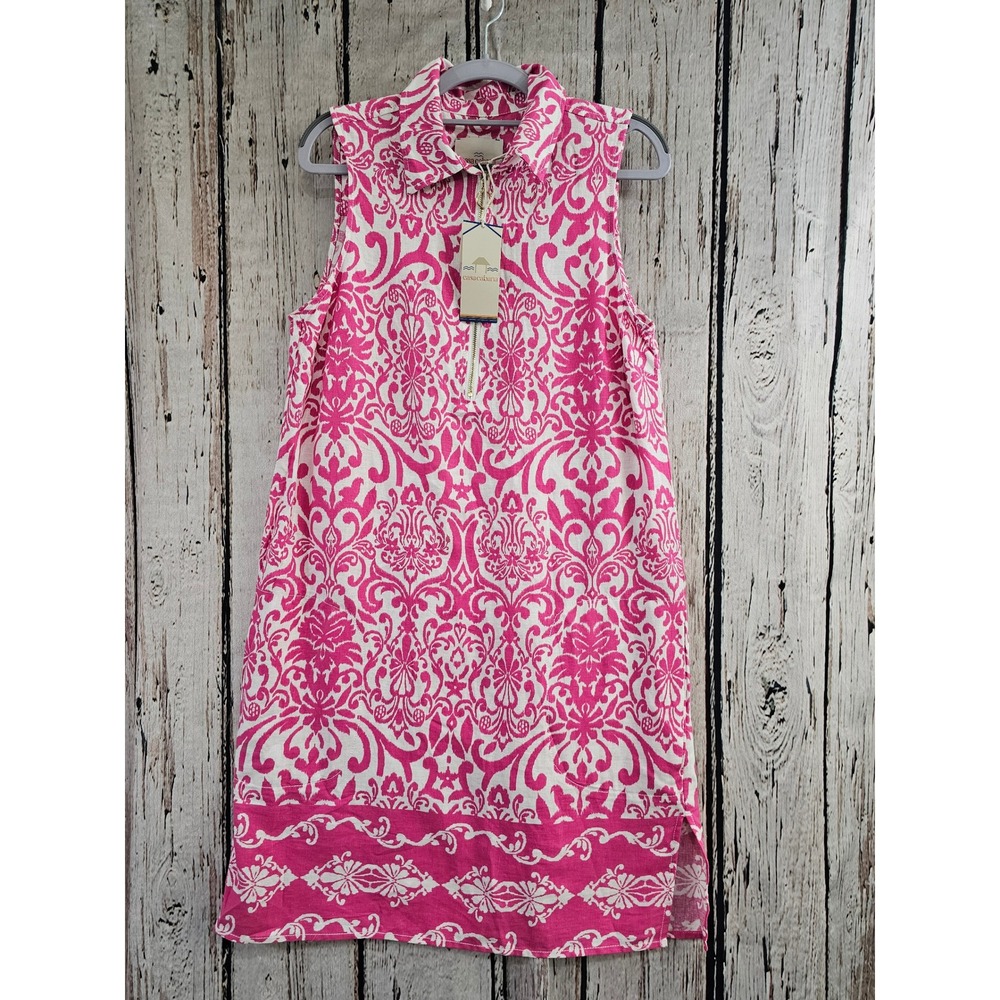 Casa Cabana Glenn Dress Womens Small Pink White Damask Linen Blend Quarter‎ Zip